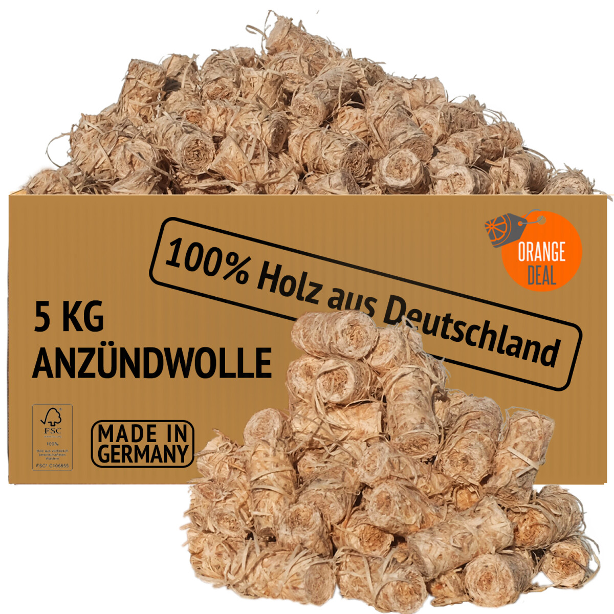 ORANGE DEAL 2,0 kg Premium Holzwolle Anzünder Grillanzünder Kaminanzünder Ofenanzünder Anzündwolle Anzündhilfe aus 100% Holz aus Deutschen Wäldern und Wachs FSC® 100%